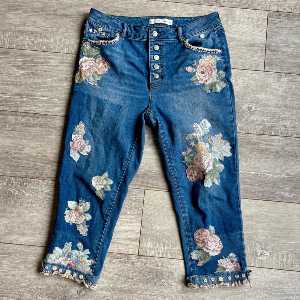 Boho Handmade Altered Floral Embroidered Blue Jeans